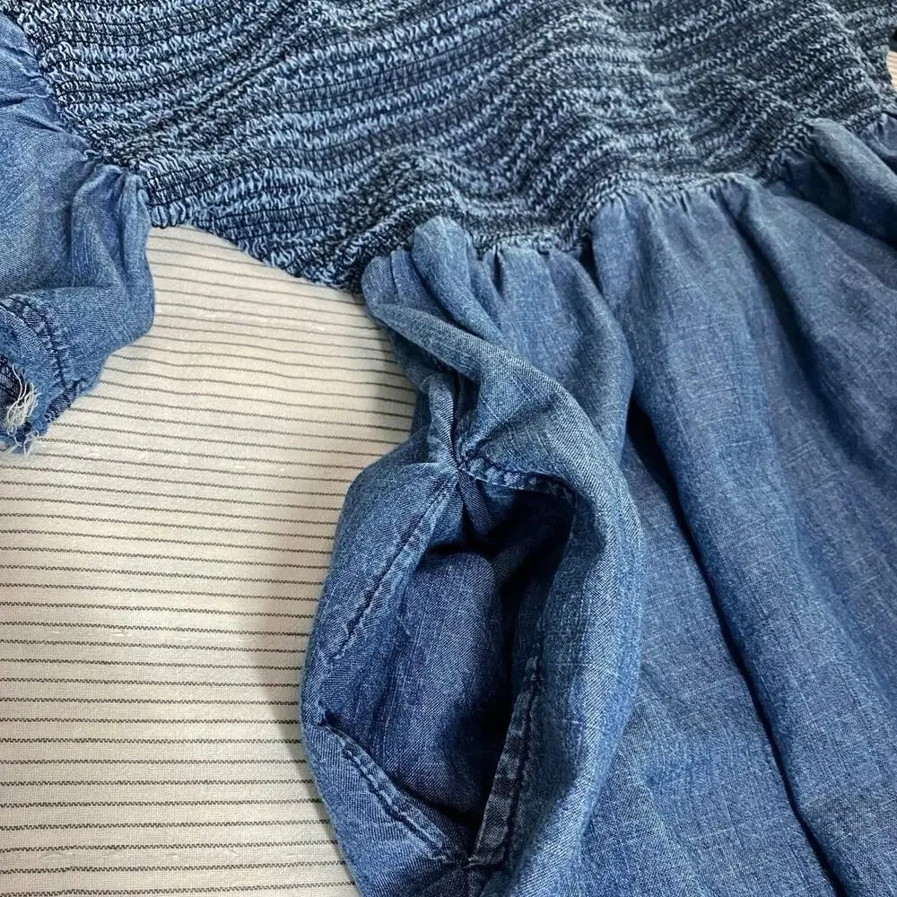 Anthropologie Luz Chambray Smocked Distressed Mini Dress Size XS Coastal Cowgirl